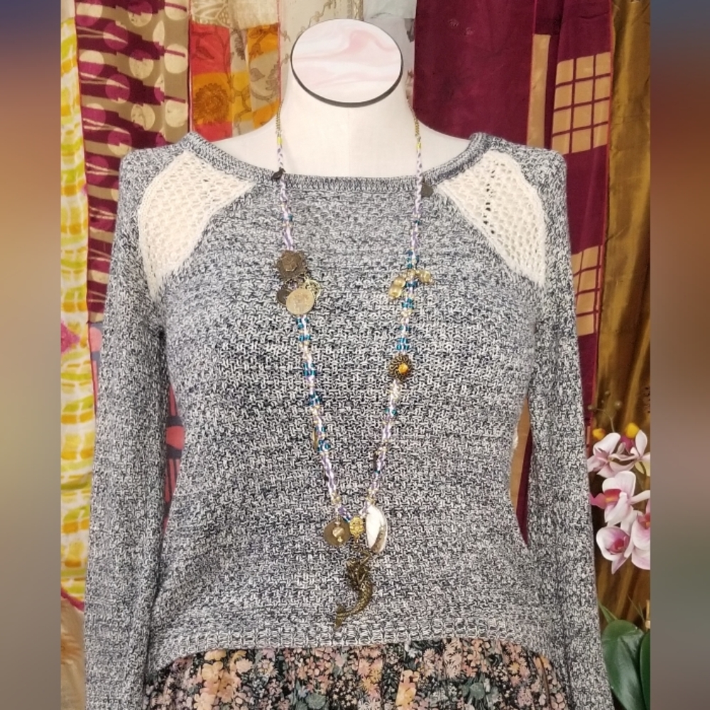 Grey And Crochet Lace Sweater - Small
